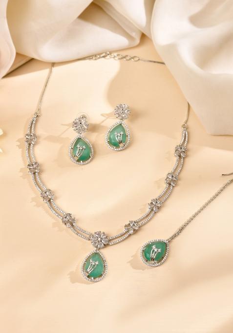Silver Plated Teal Green Tear Drop Shaped Stone And Ad Stone Jewellery Set With Maang Tikka 