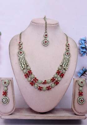 Red Alloy American Diamonds And Stone Necklace Set