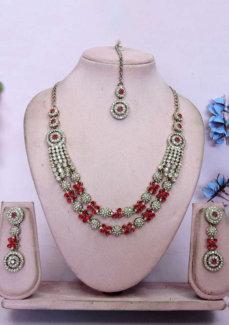 Red Alloy American Diamonds And Stone Necklace Set - Indya