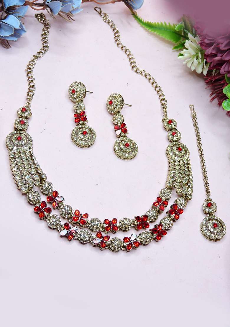Red Alloy American Diamonds And Stone Necklace Set - Indya