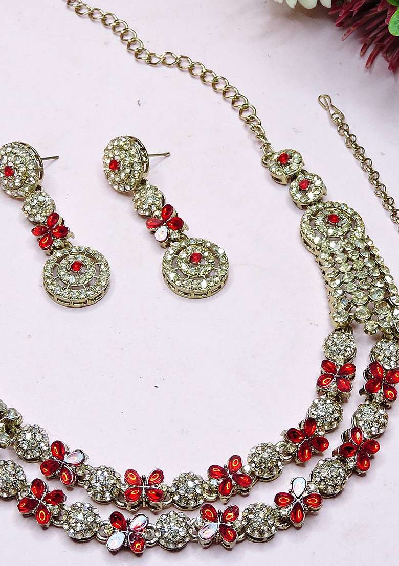 Red Alloy American Diamonds And Stone Necklace Set - Indya
