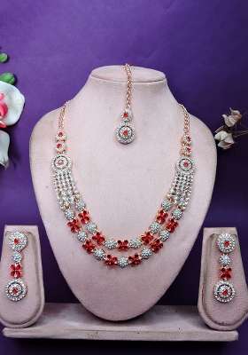 Red Alloy American Diamonds And Stone Necklace Set
