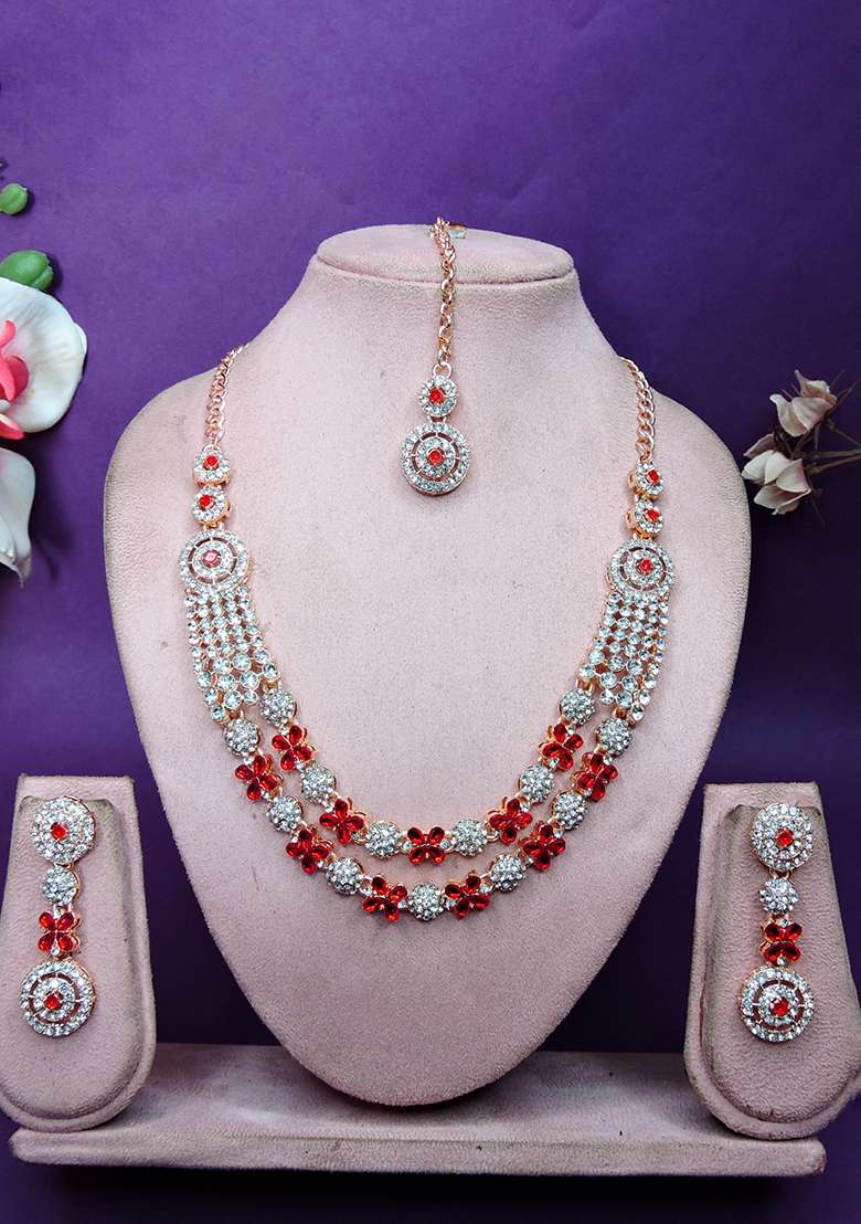 Red Alloy American Diamonds And Stone Necklace Set - Indya