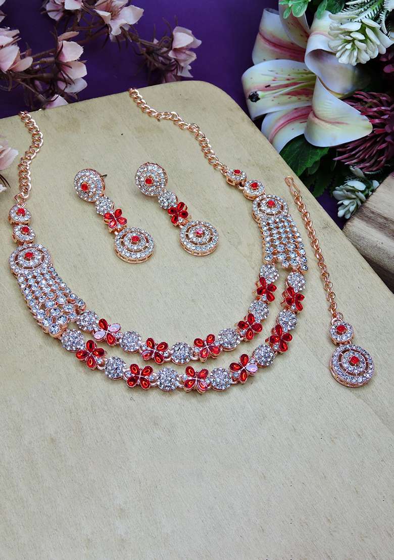 Red Alloy American Diamonds And Stone Necklace Set - Indya