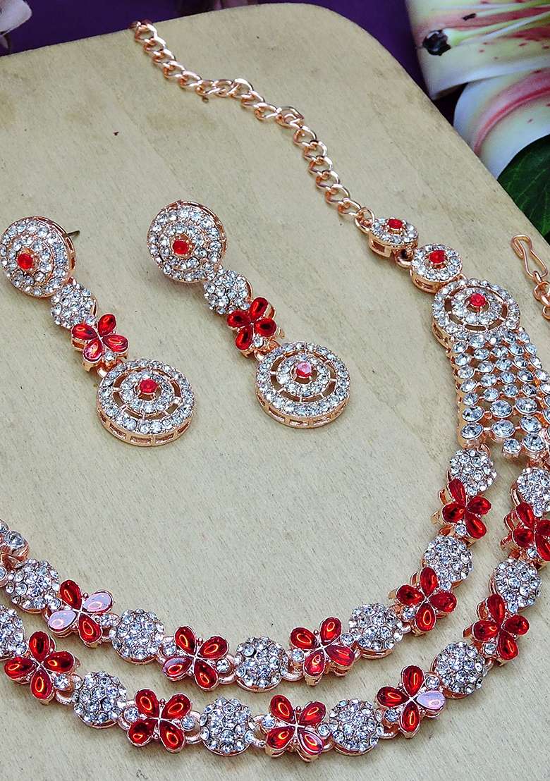 Red Alloy American Diamonds And Stone Necklace Set - Indya