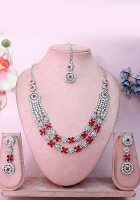 Red Alloy American Diamonds And Stone Necklace Set