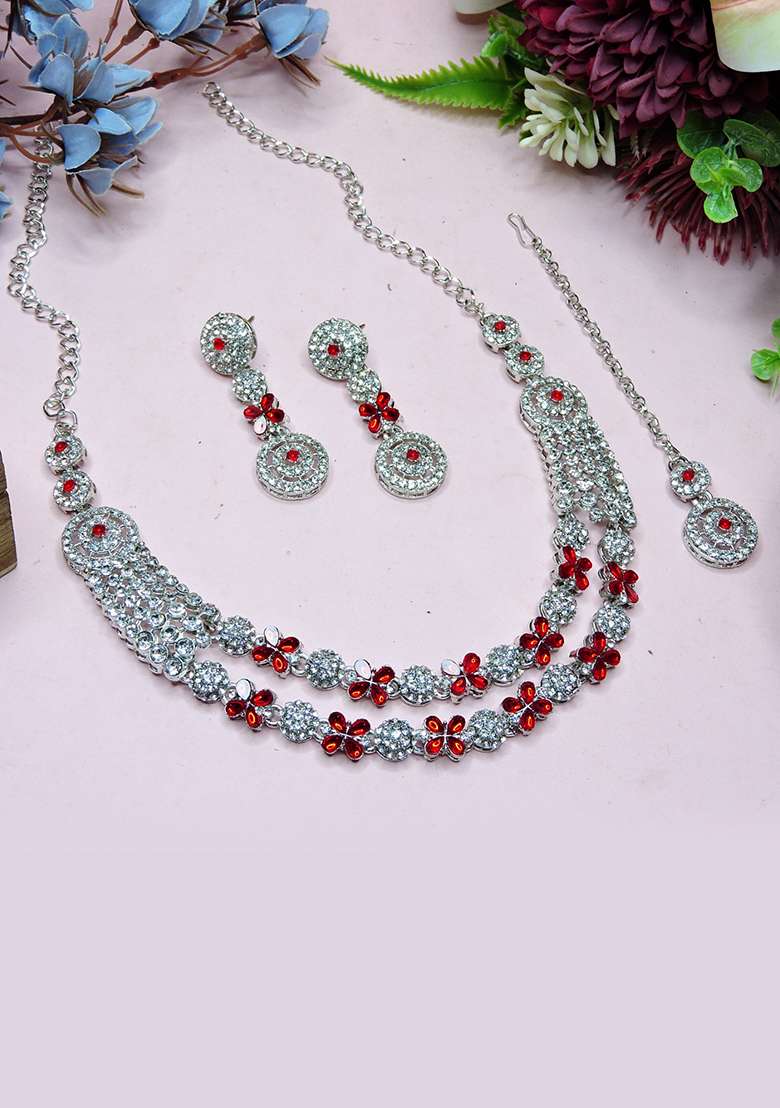 Red Alloy American Diamonds And Stone Necklace Set - Indya