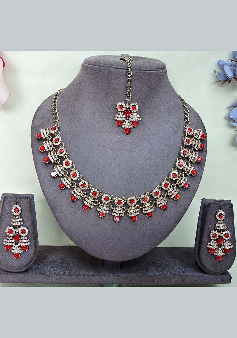 Red Alloy American Diamonds And Stone Necklace Set - Indya