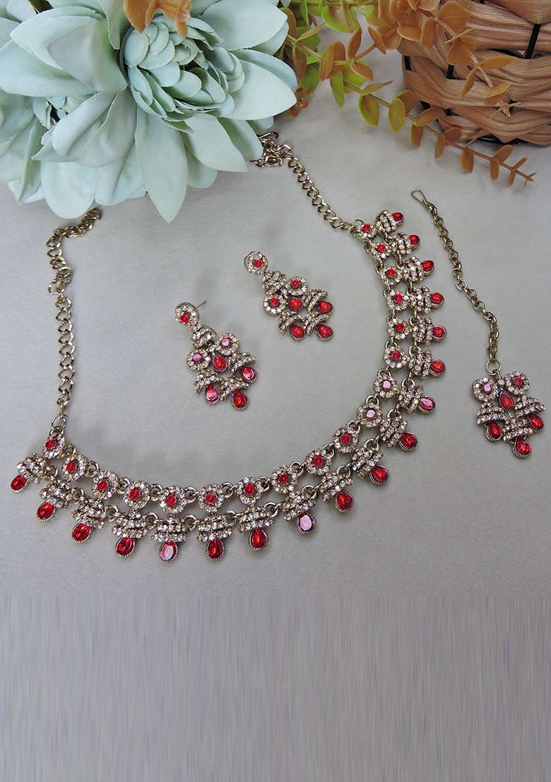 Red Alloy American Diamonds And Stone Necklace Set - Indya