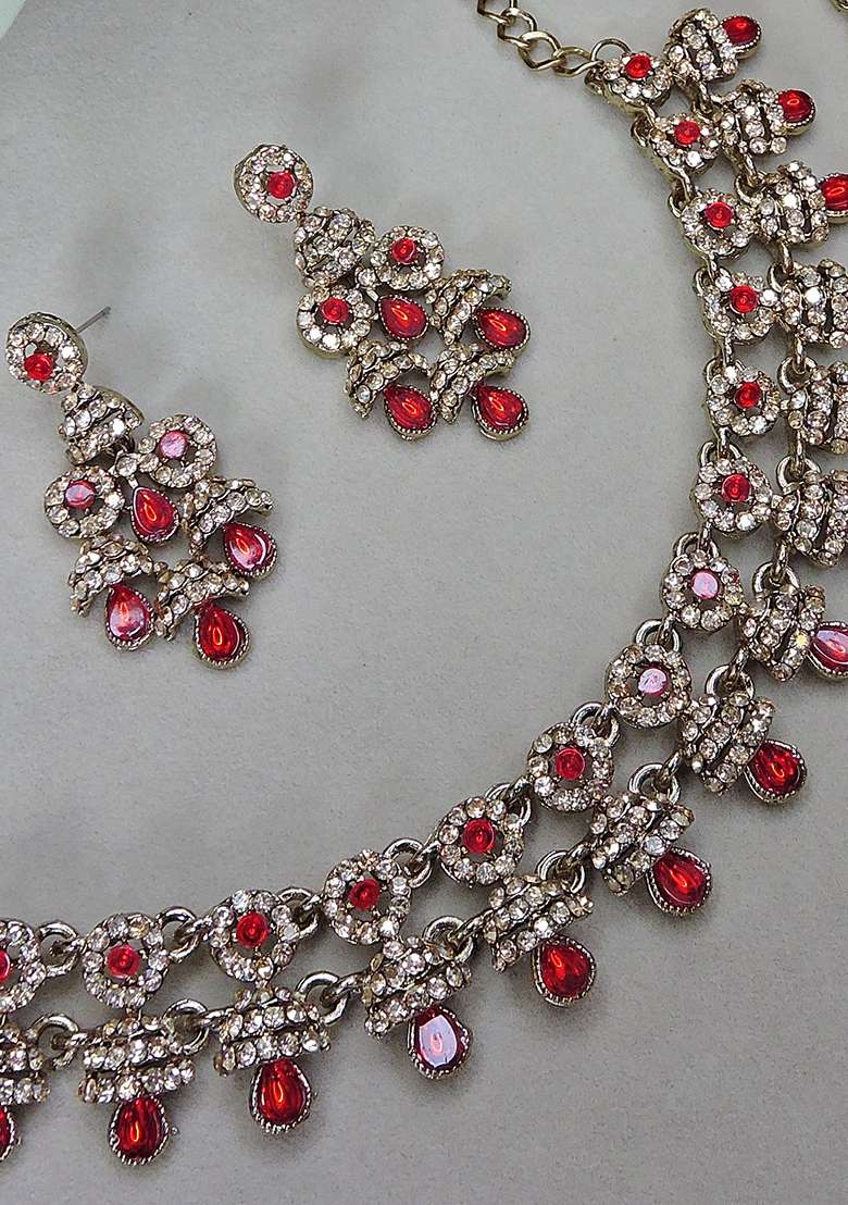 Red Alloy American Diamonds And Stone Necklace Set - Indya