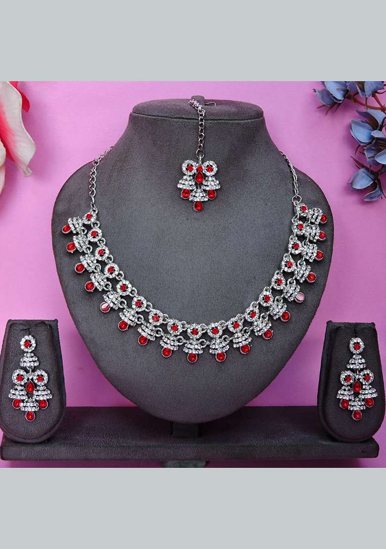 Red Alloy American Diamonds And Stone Necklace Set - Indya