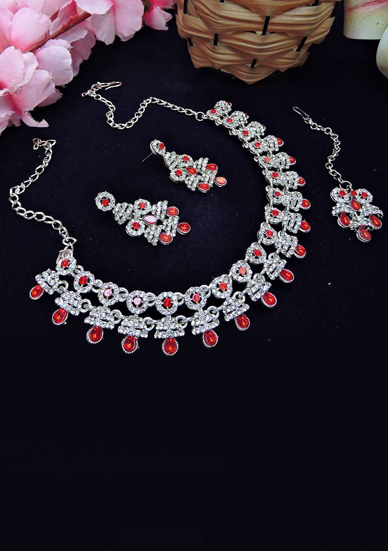Red Alloy American Diamonds And Stone Necklace Set - Indya