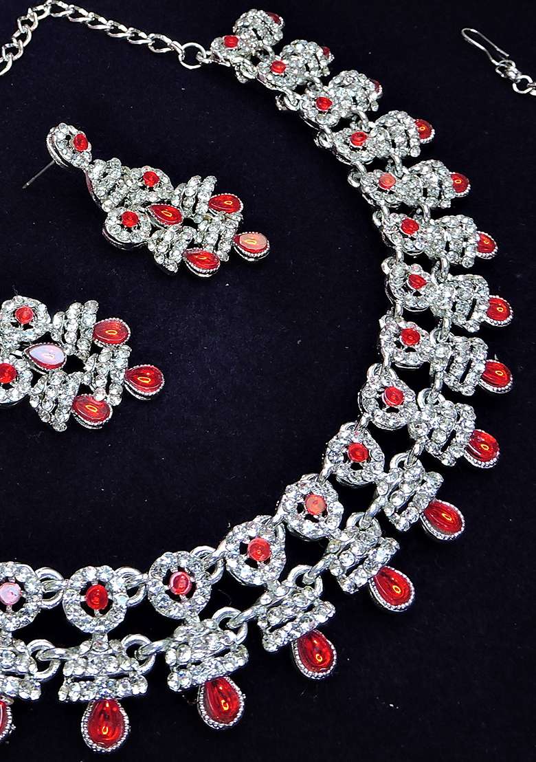 Red Alloy American Diamonds And Stone Necklace Set - Indya