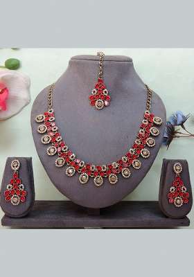 Red Alloy American Diamonds And Stone Necklace Set