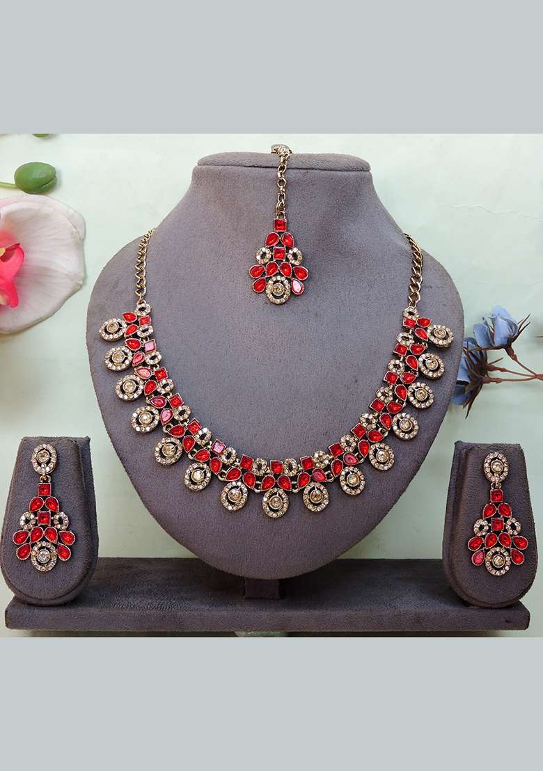 Red Alloy American Diamonds And Stone Necklace Set - Indya