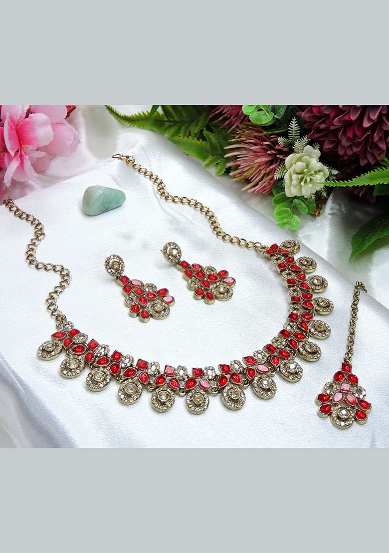 Red Alloy American Diamonds And Stone Necklace Set - Indya