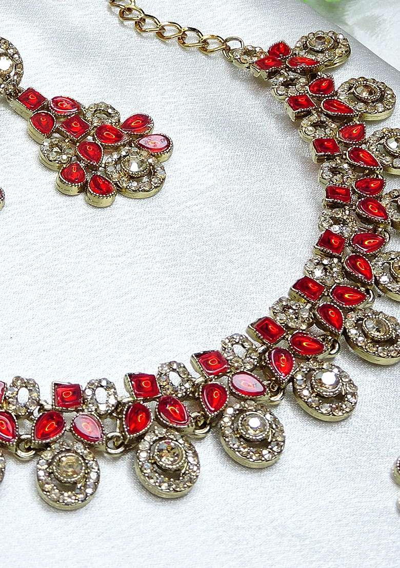 Red Alloy American Diamonds And Stone Necklace Set - Indya