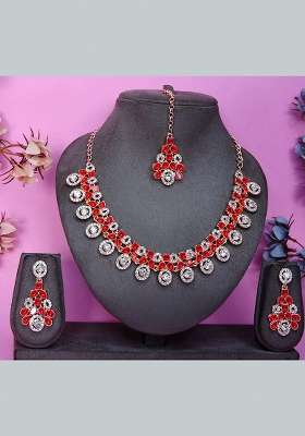 Red Alloy American Diamonds And Stone Necklace Set