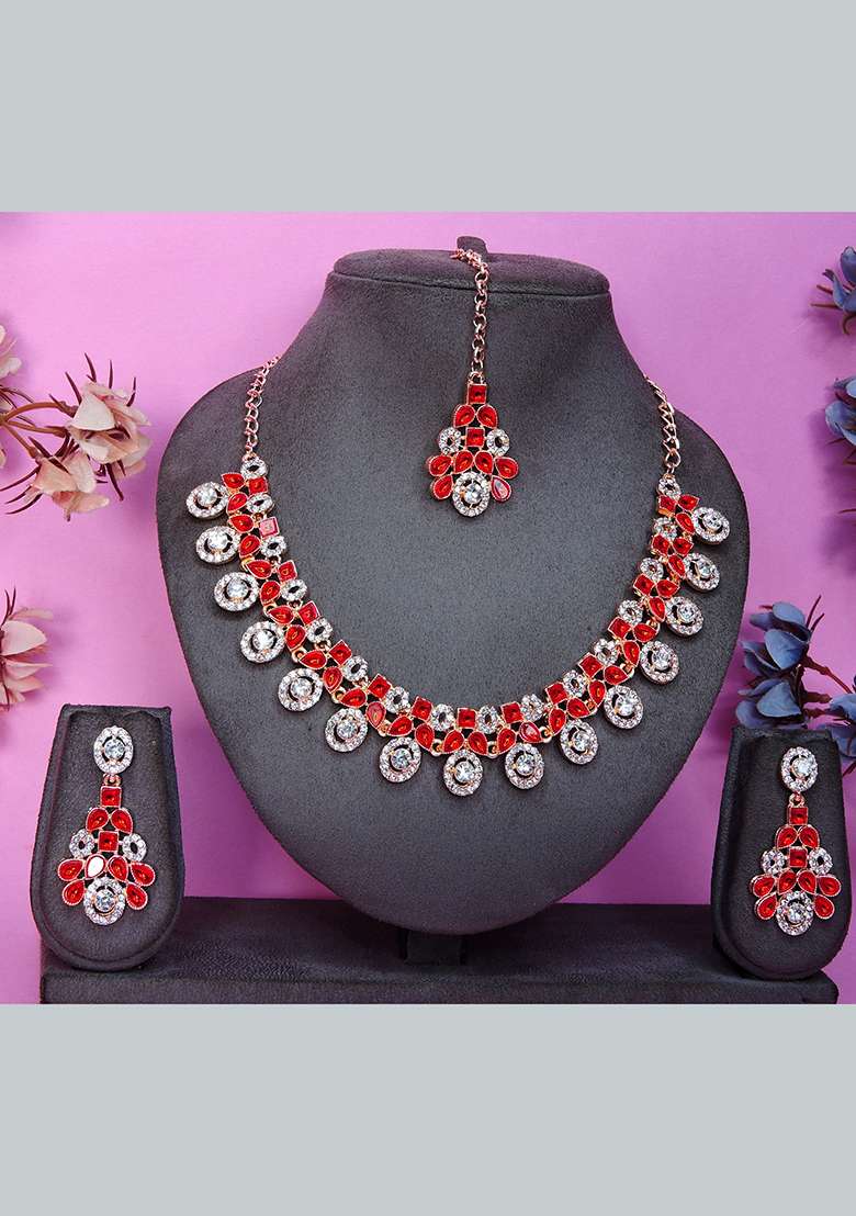 Red Alloy American Diamonds And Stone Necklace Set - Indya