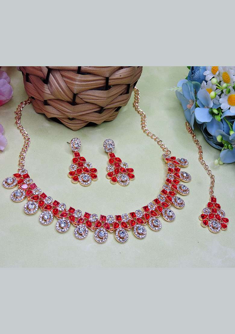 Red Alloy American Diamonds And Stone Necklace Set - Indya