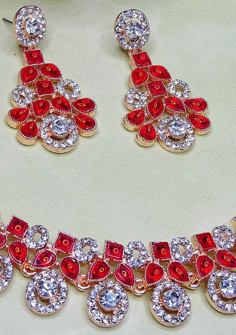 Red Alloy American Diamonds And Stone Necklace Set - Indya