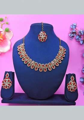 Red Alloy American Diamonds And Stone Necklace Set