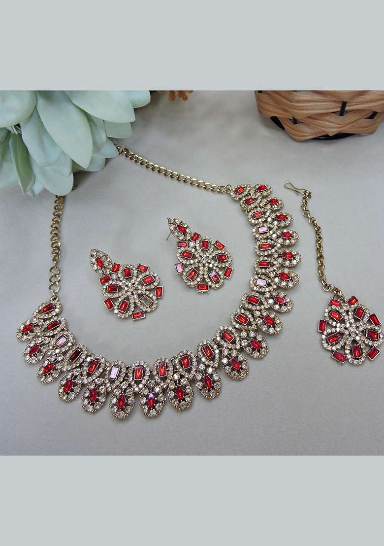 Red Alloy American Diamonds And Stone Necklace Set - Indya