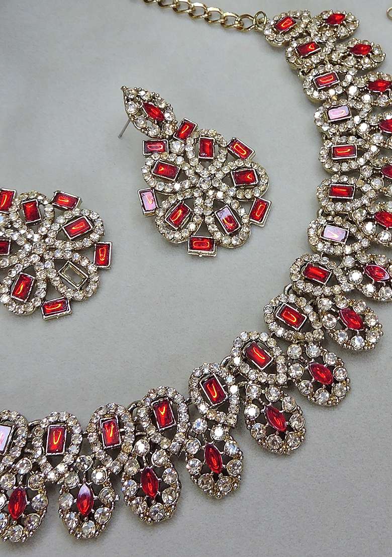 Red Alloy American Diamonds And Stone Necklace Set - Indya