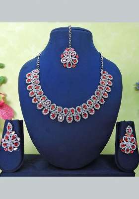 Red Alloy American Diamonds And Stone Necklace Set