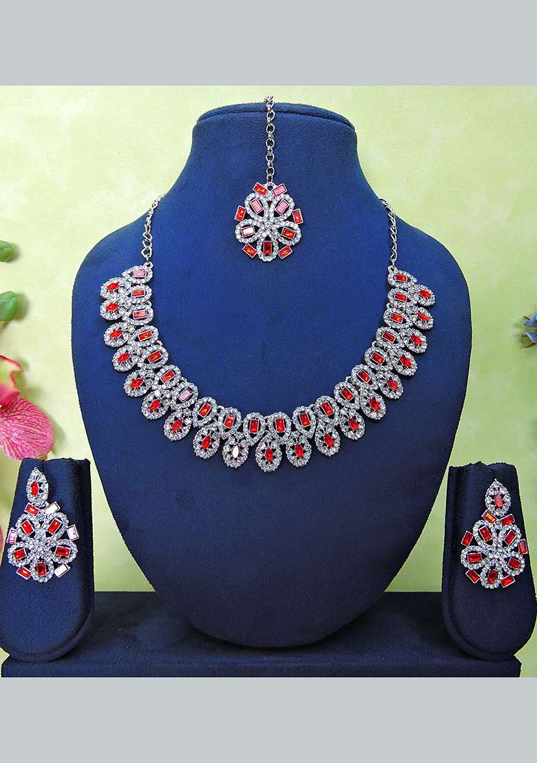 Red Alloy American Diamonds And Stone Necklace Set - Indya