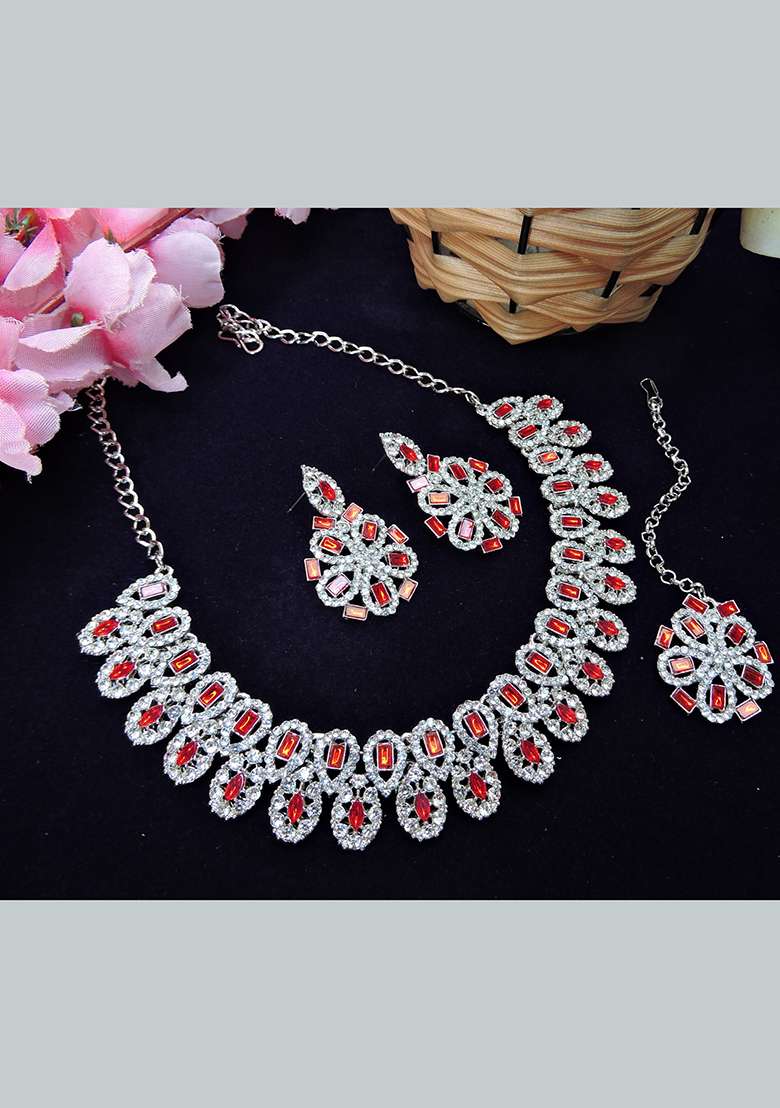 Red Alloy American Diamonds And Stone Necklace Set - Indya