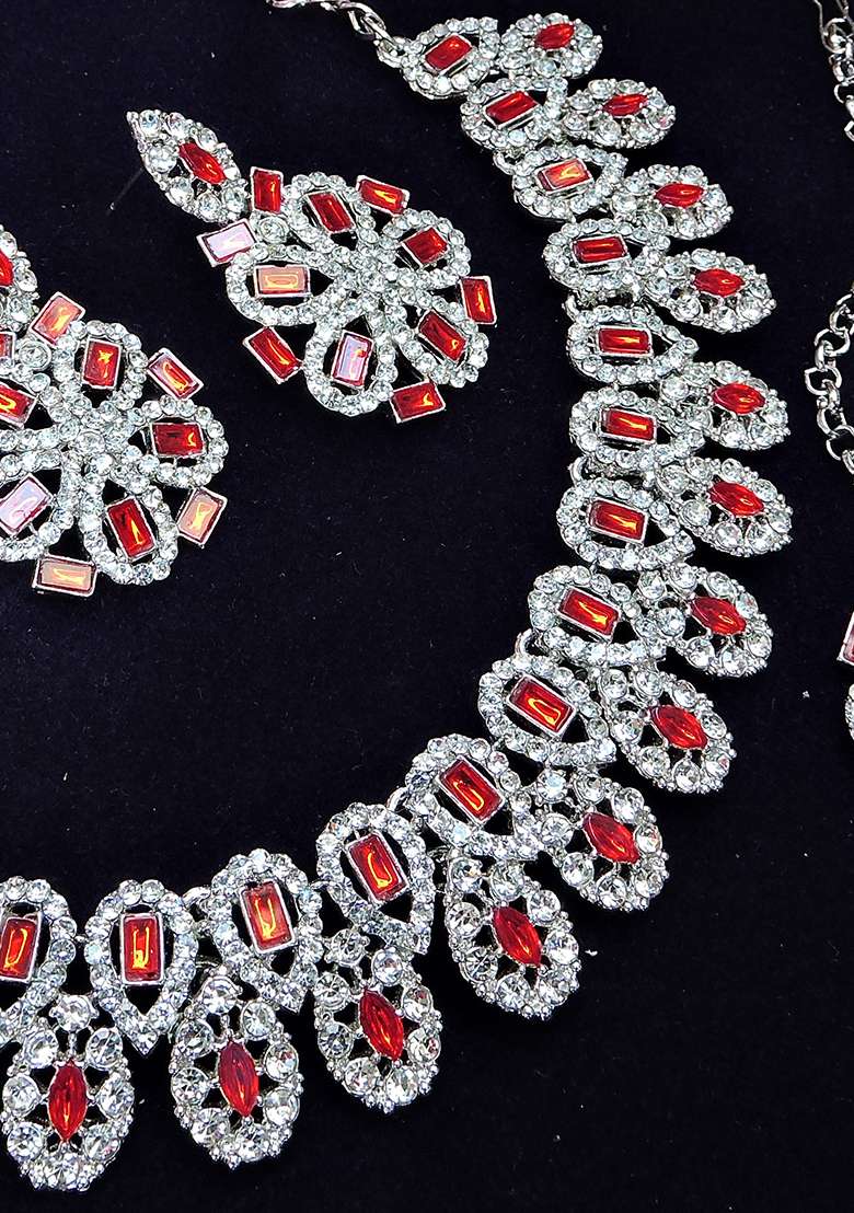 Red Alloy American Diamonds And Stone Necklace Set - Indya