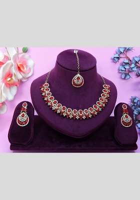 Red Alloy American Diamonds And Stone Necklace Set