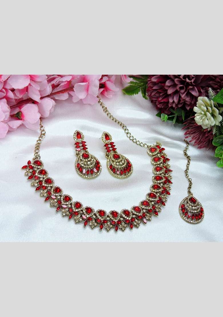 Red Alloy American Diamonds And Stone Necklace Set - Indya