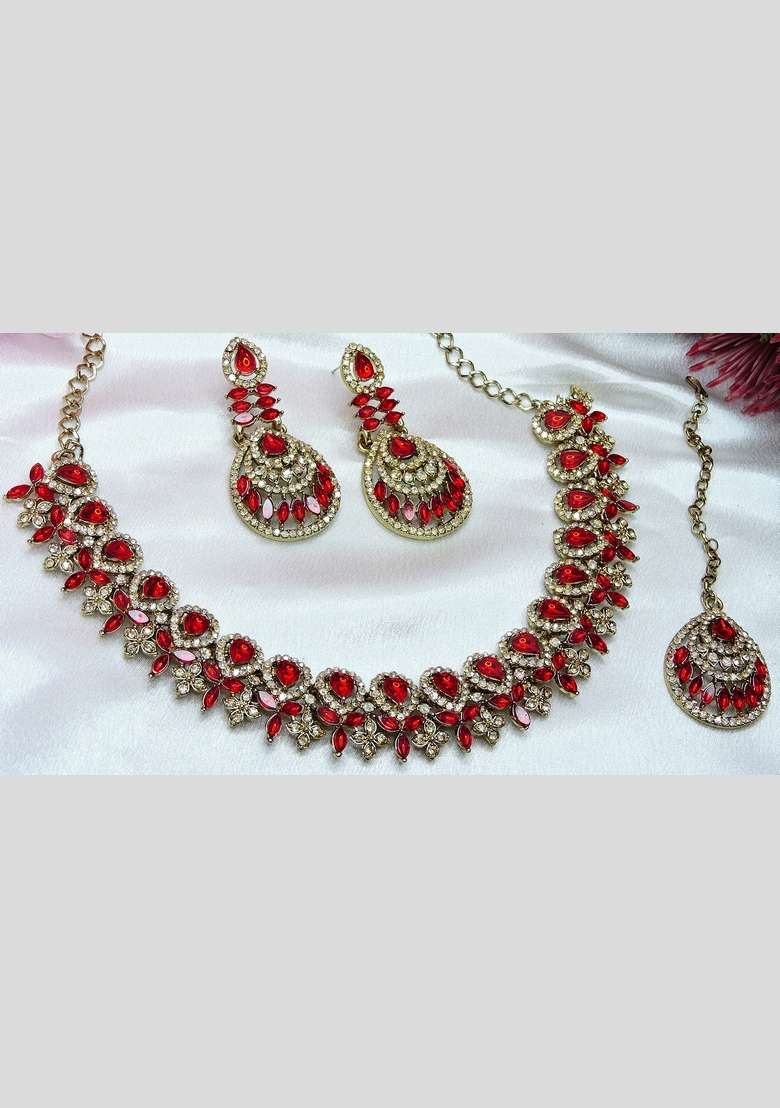 Red Alloy American Diamonds And Stone Necklace Set - Indya
