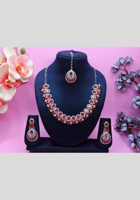 Red Alloy American Diamonds And Stone Necklace Set