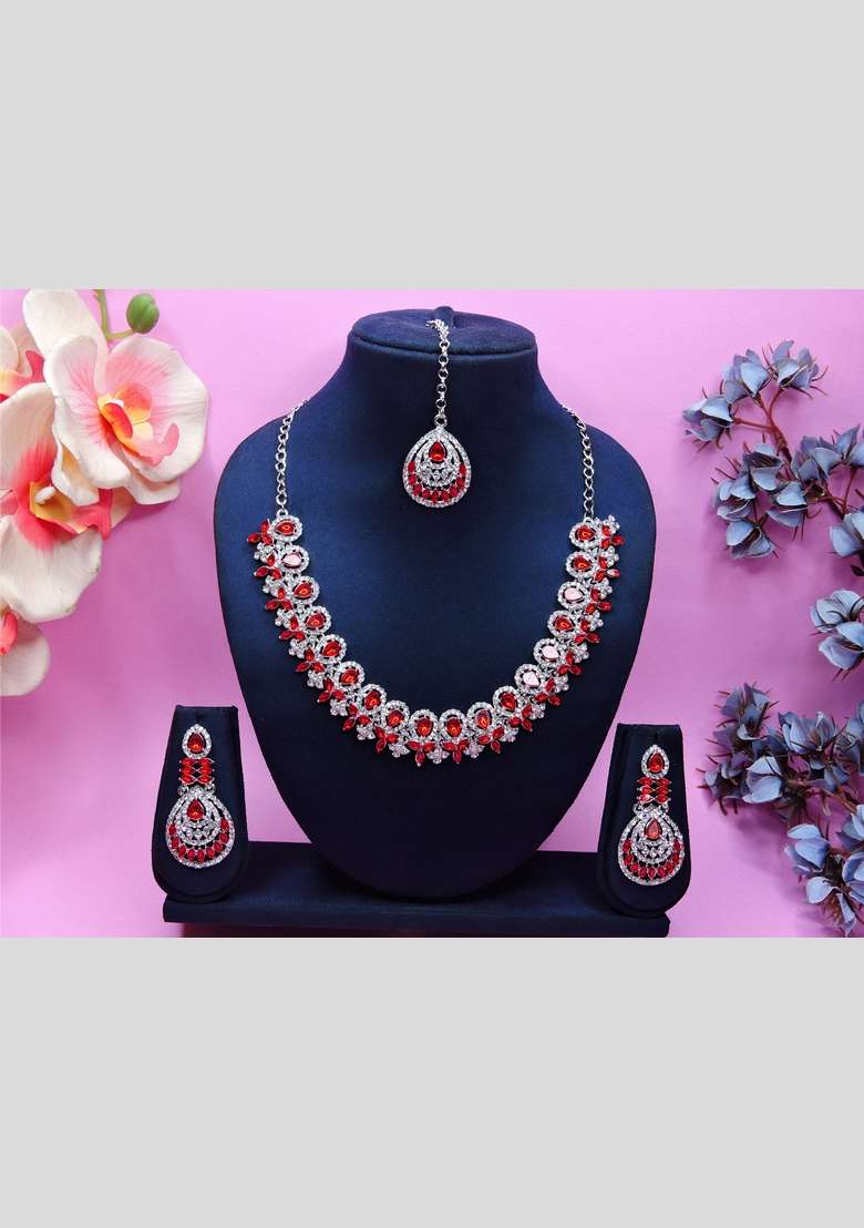 Red Alloy American Diamonds And Stone Necklace Set - Indya