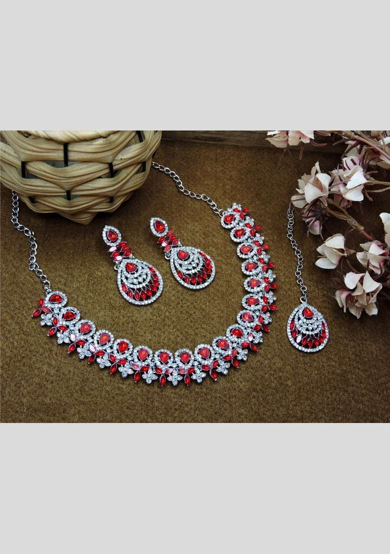 Red Alloy American Diamonds And Stone Necklace Set - Indya