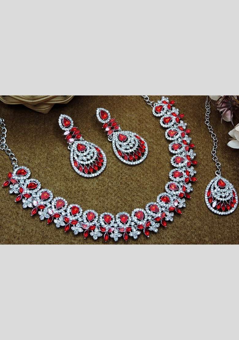 Red Alloy American Diamonds And Stone Necklace Set - Indya