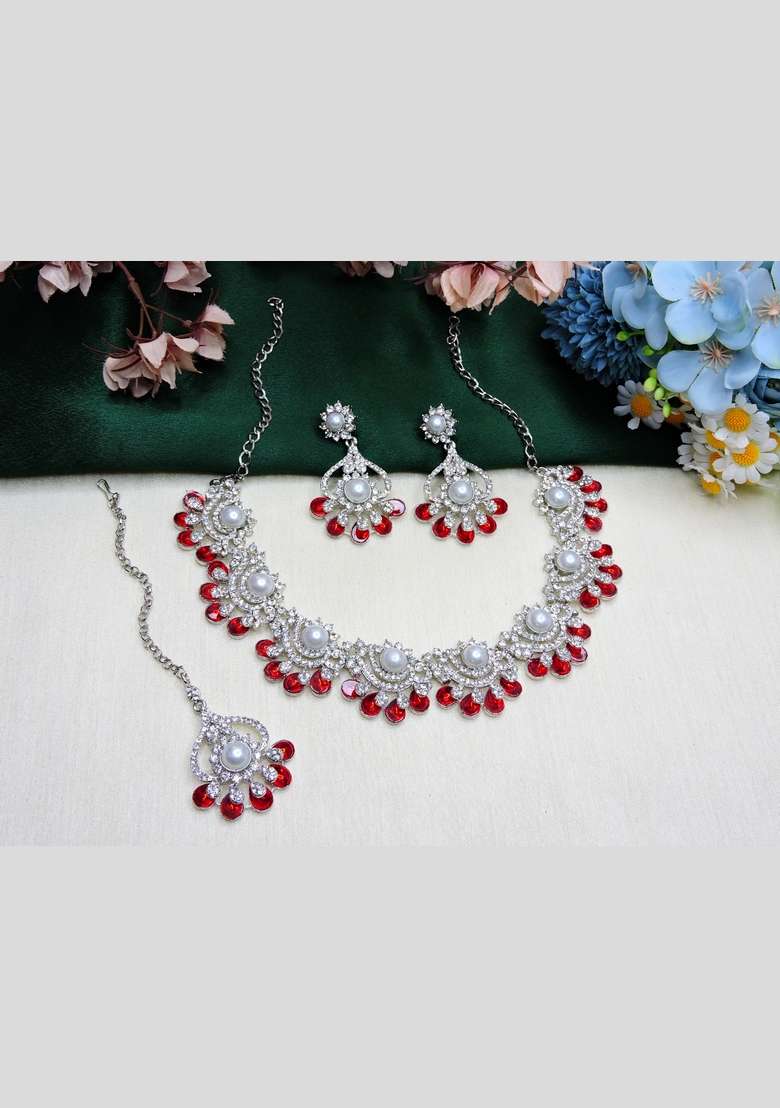 Red Alloy American Diamonds And Stone Necklace Set - Indya