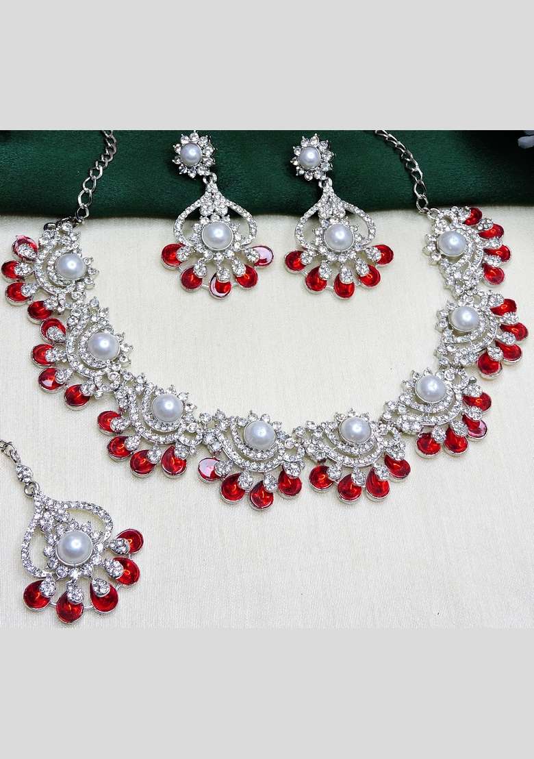 Red Alloy American Diamonds And Stone Necklace Set - Indya