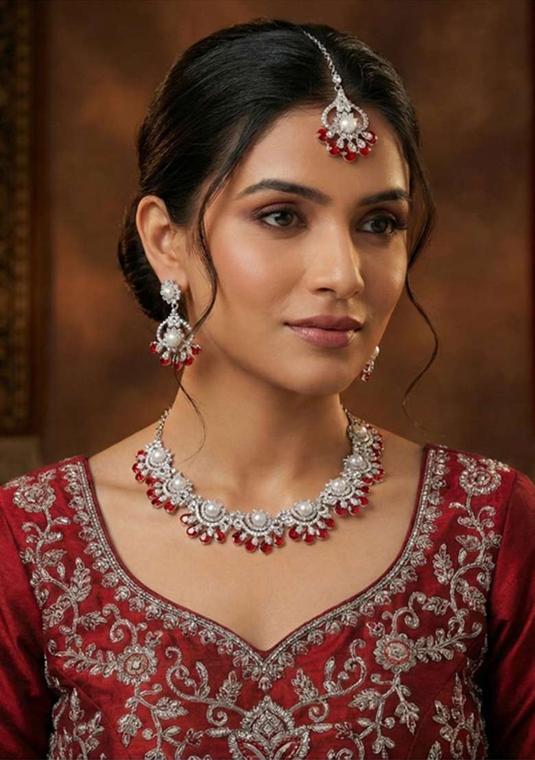 Red Alloy American Diamonds And Stone Necklace Set - Indya