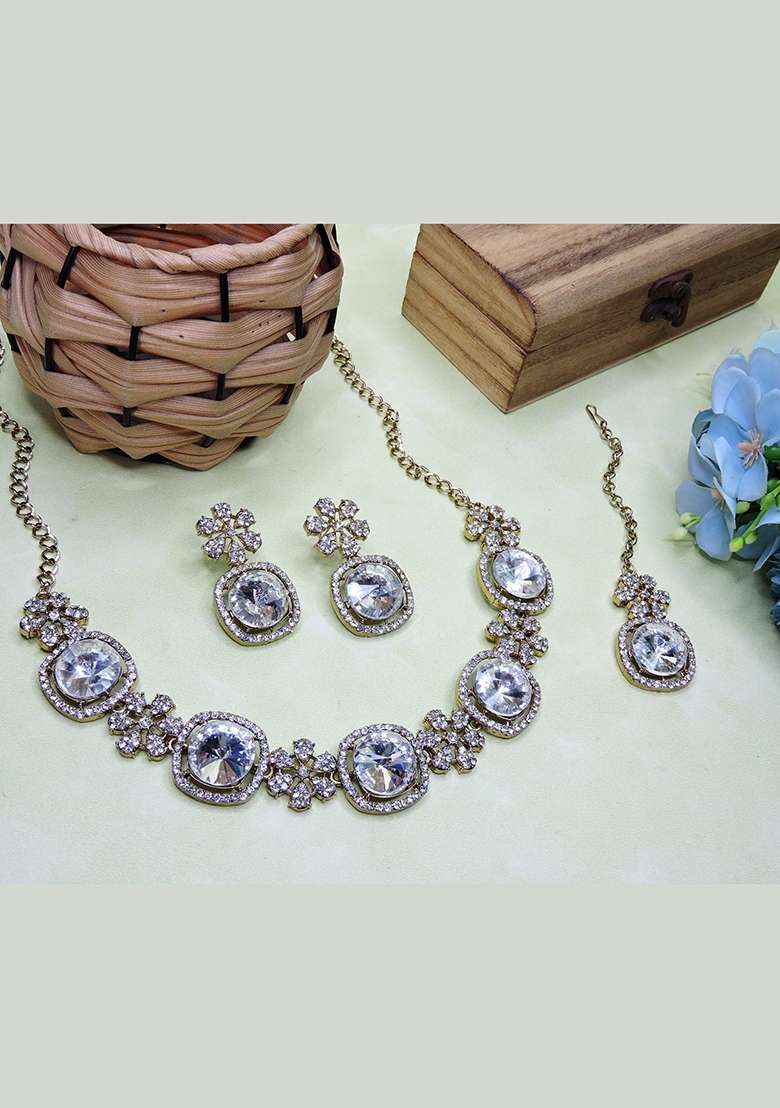 White Alloy American Diamonds And Stone Necklace Set - Indya
