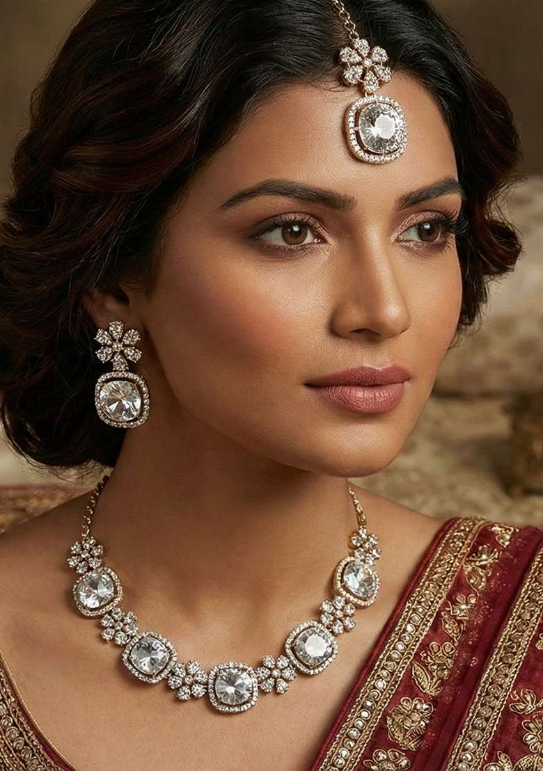 White Alloy American Diamonds And Stone Necklace Set - Indya