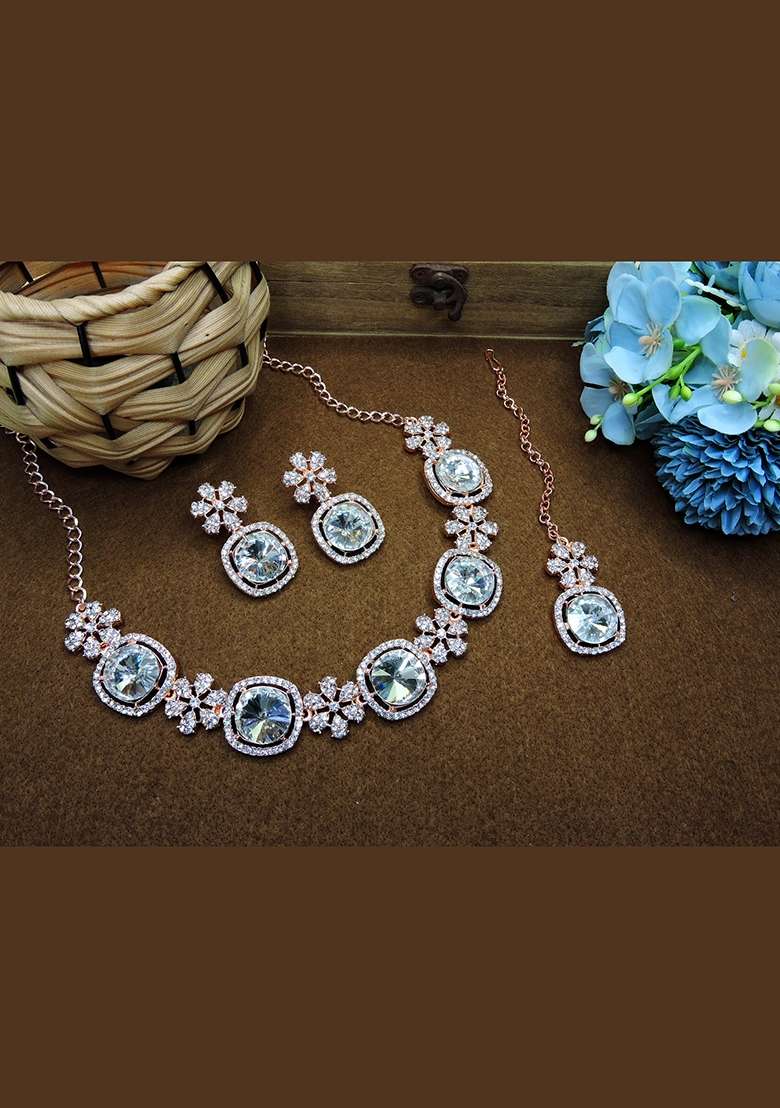 White Alloy American Diamonds And Stone Necklace Set - Indya