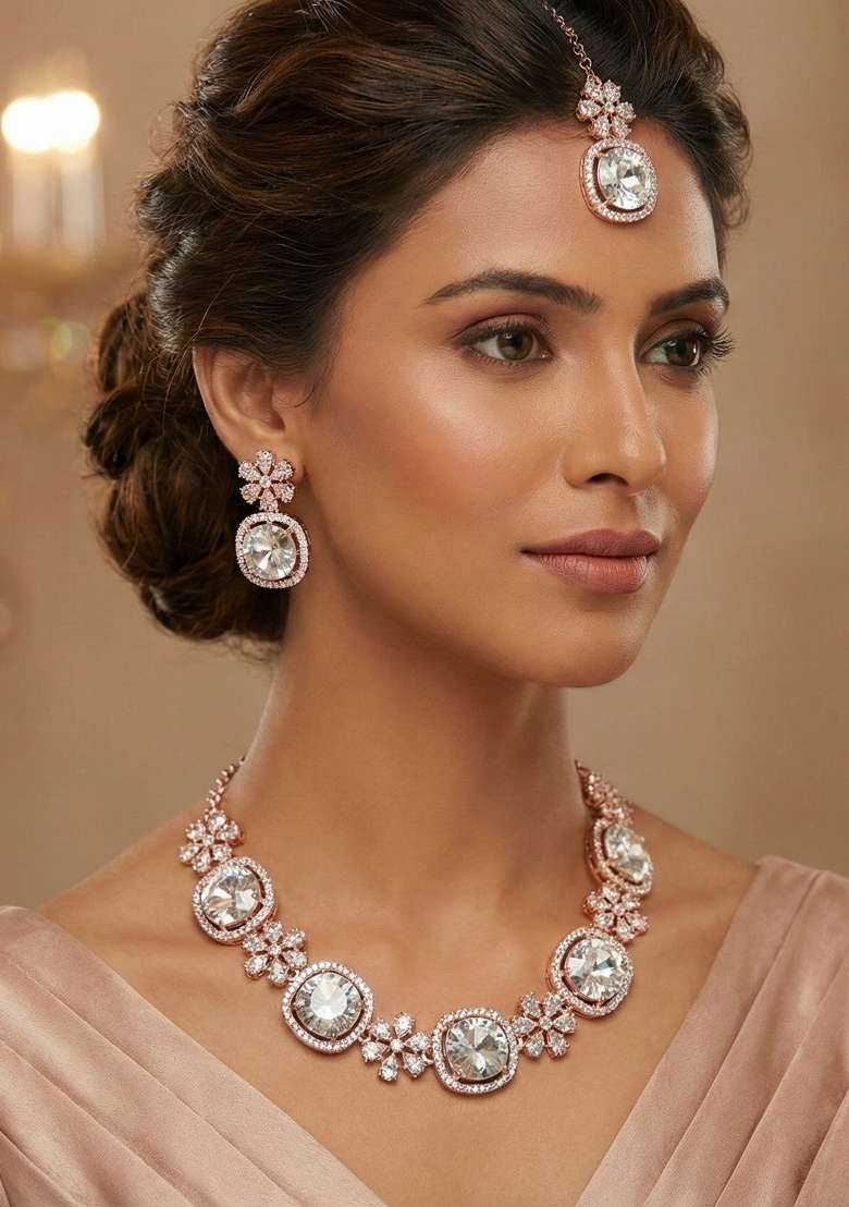 White Alloy American Diamonds And Stone Necklace Set - Indya