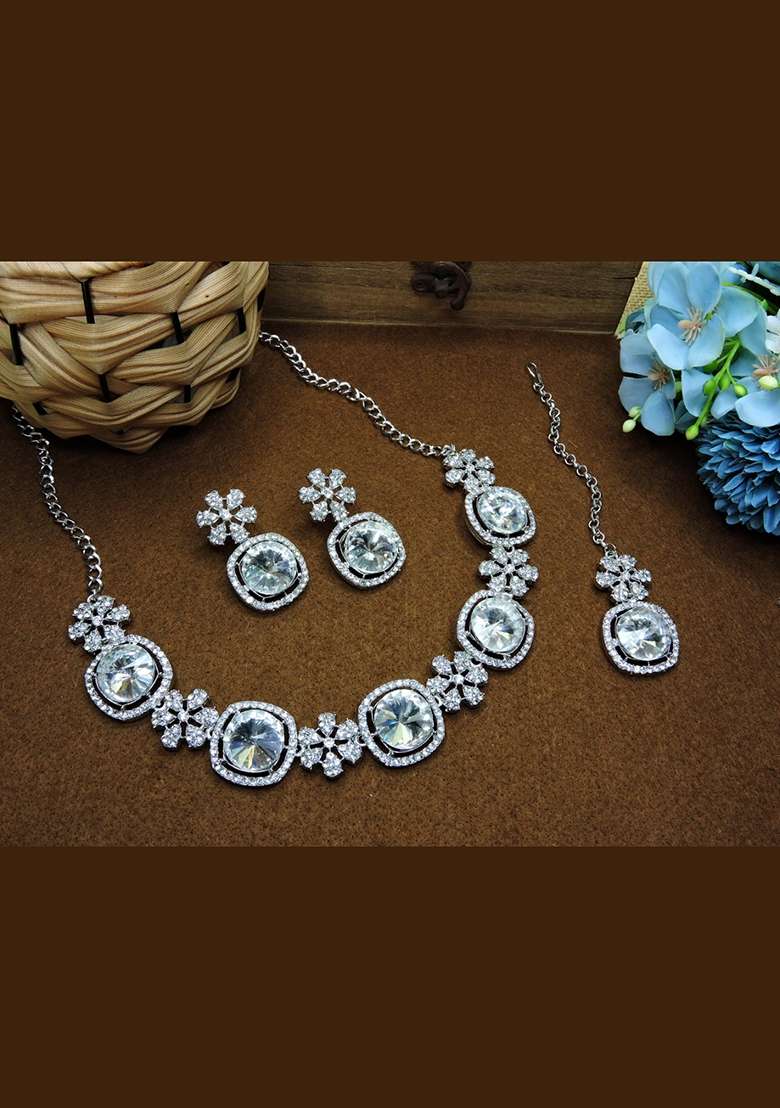 White Alloy American Diamonds And Stone Necklace Set - Indya