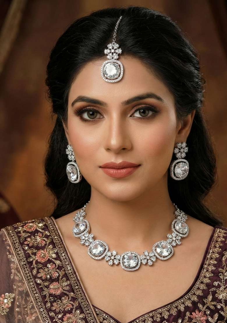 White Alloy American Diamonds And Stone Necklace Set - Indya