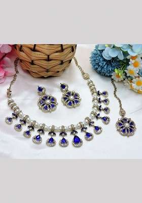 Blue Alloy American Diamonds And Stone Necklace Set