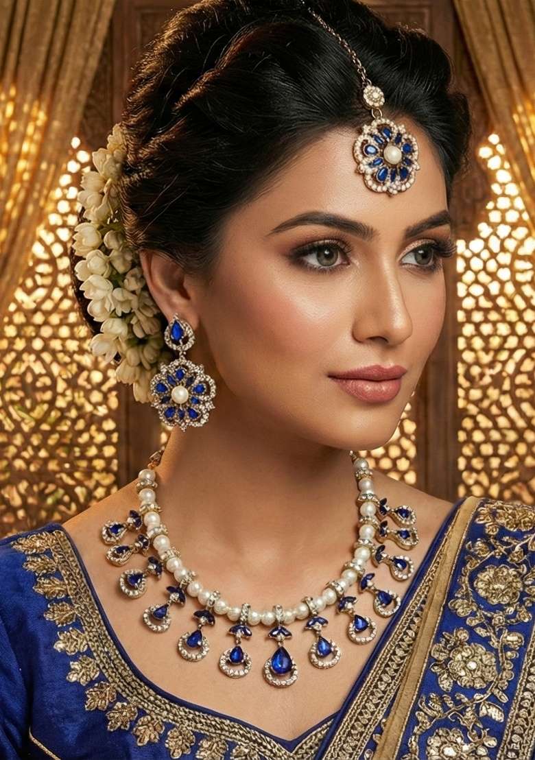 Blue Alloy American Diamonds And Stone Necklace Set - Indya